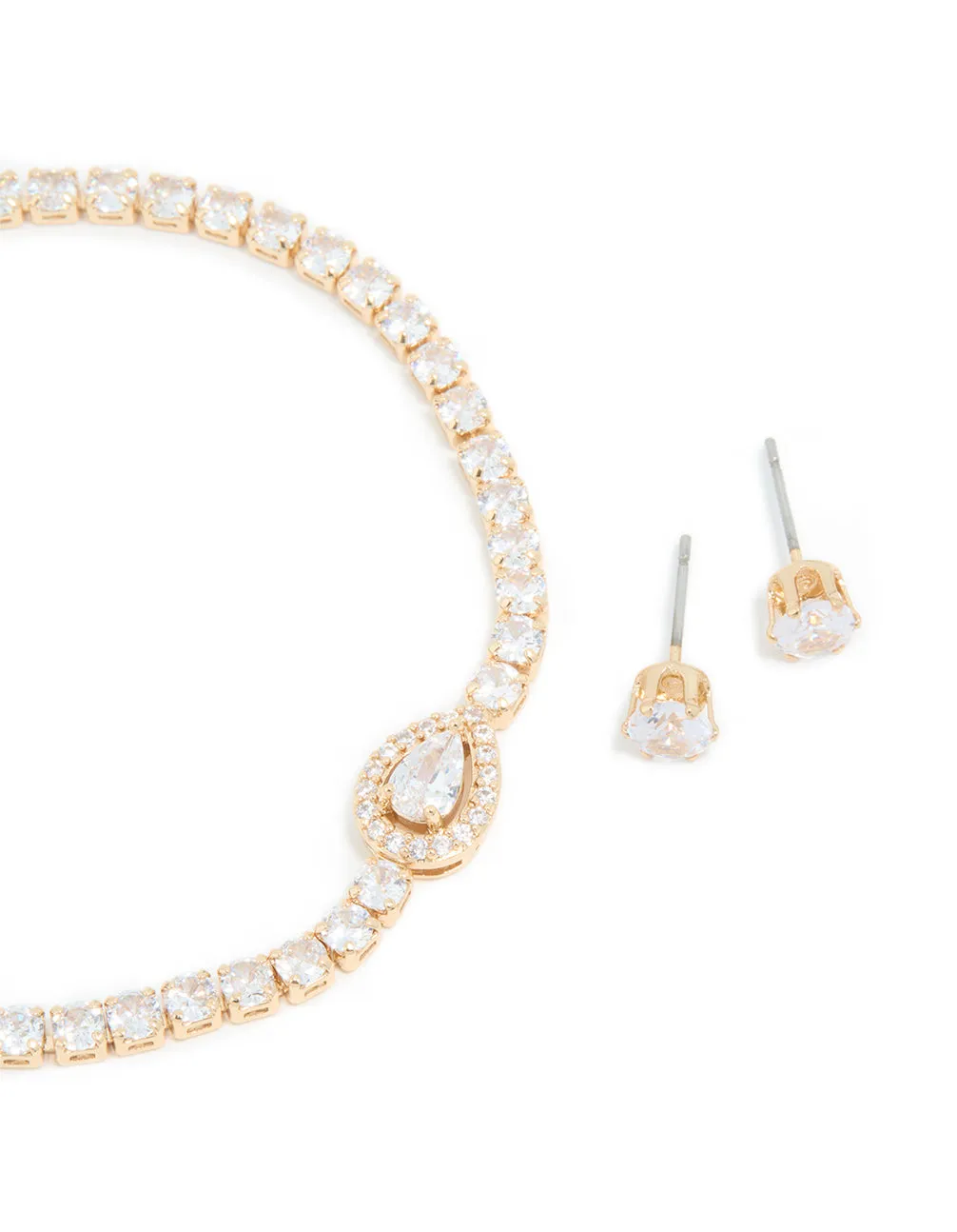 Gold Cubic Zirconia Pear Detail Centre Tennis Bracelet & Earrings Set sold by lovisa product image thumbnail 2