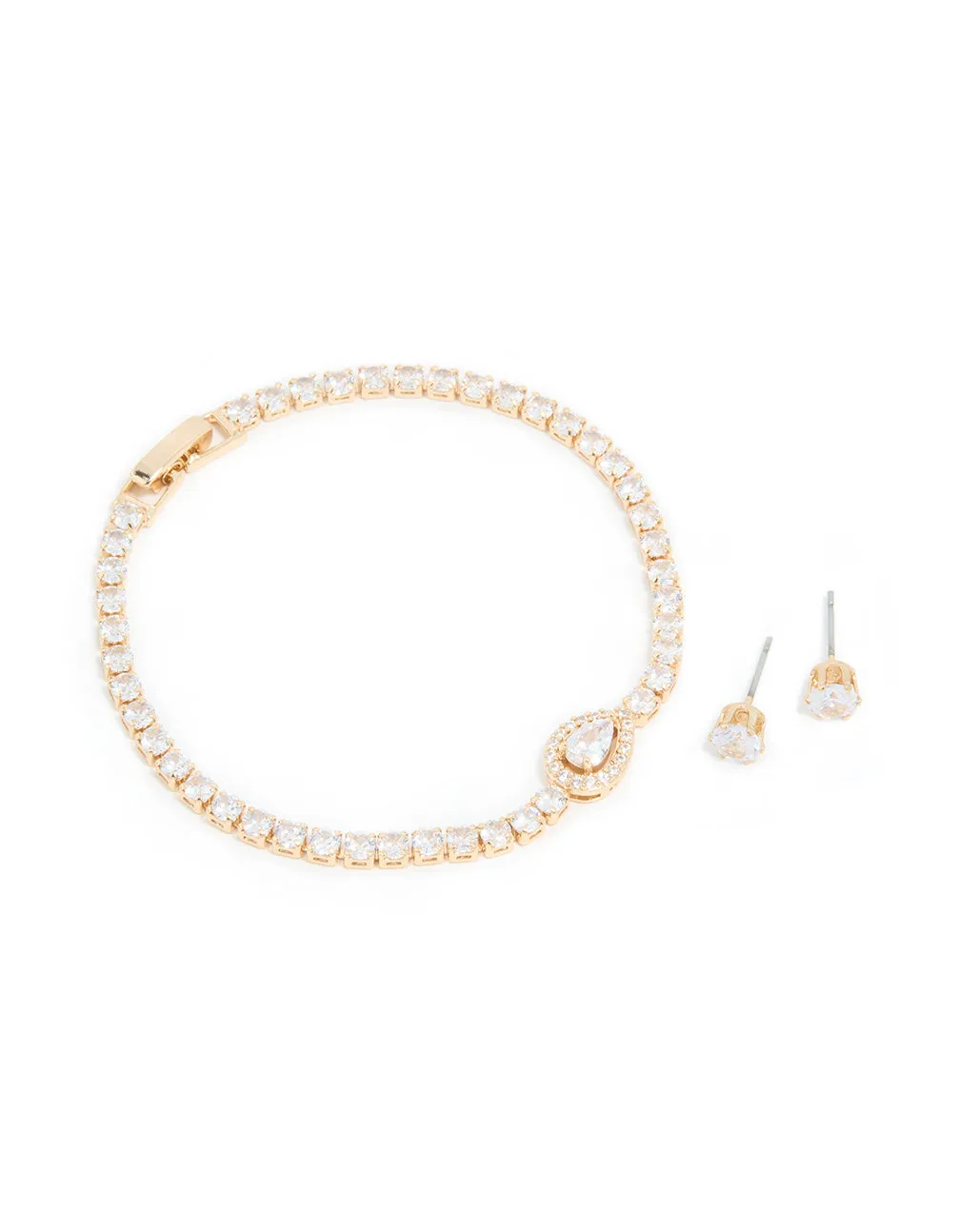 Gold Cubic Zirconia Pear Detail Centre Tennis Bracelet & Earrings Set sold by lovisa
