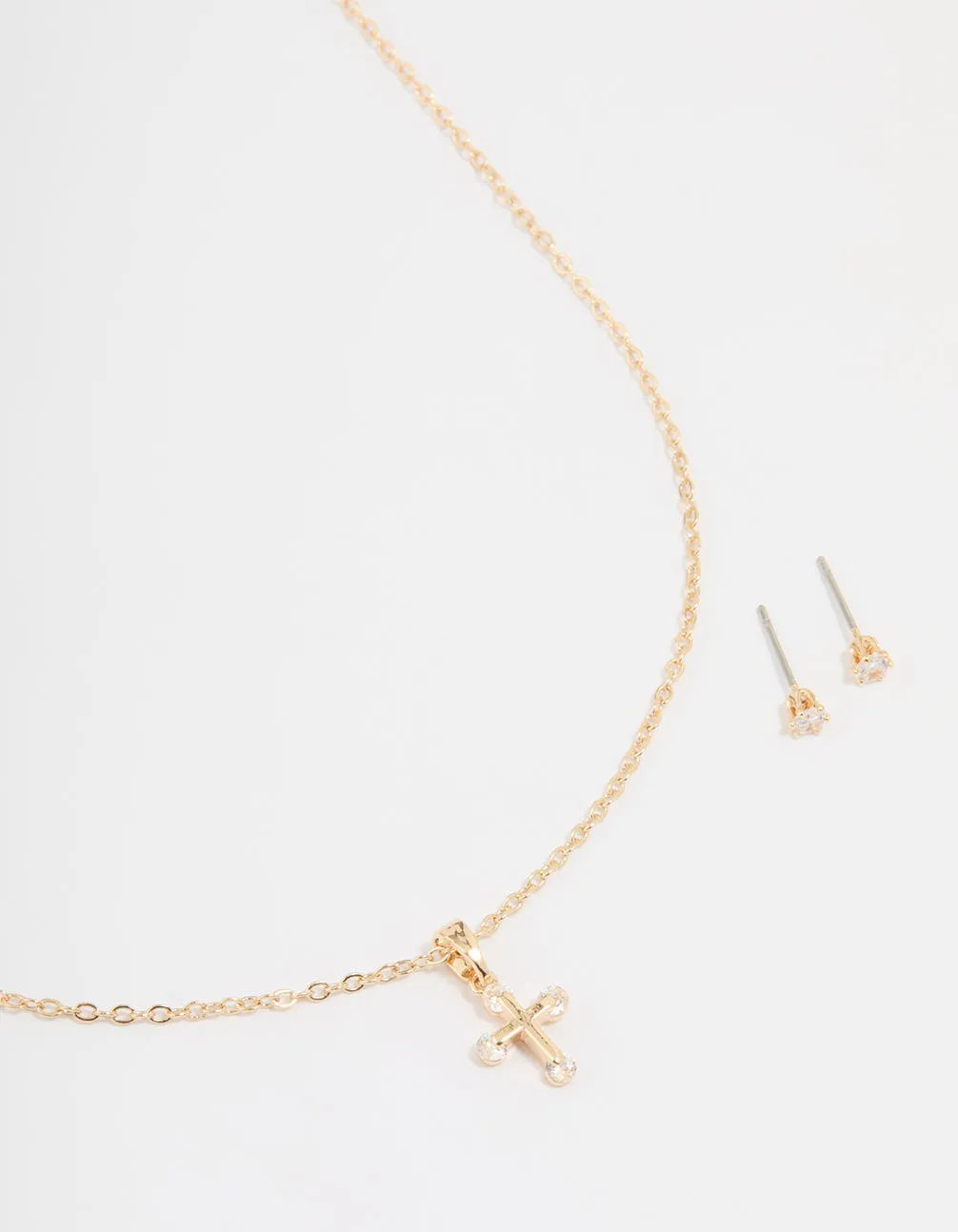 Gold Cubic Zirconia Cross Necklace & Earrings Set sold by lovisa