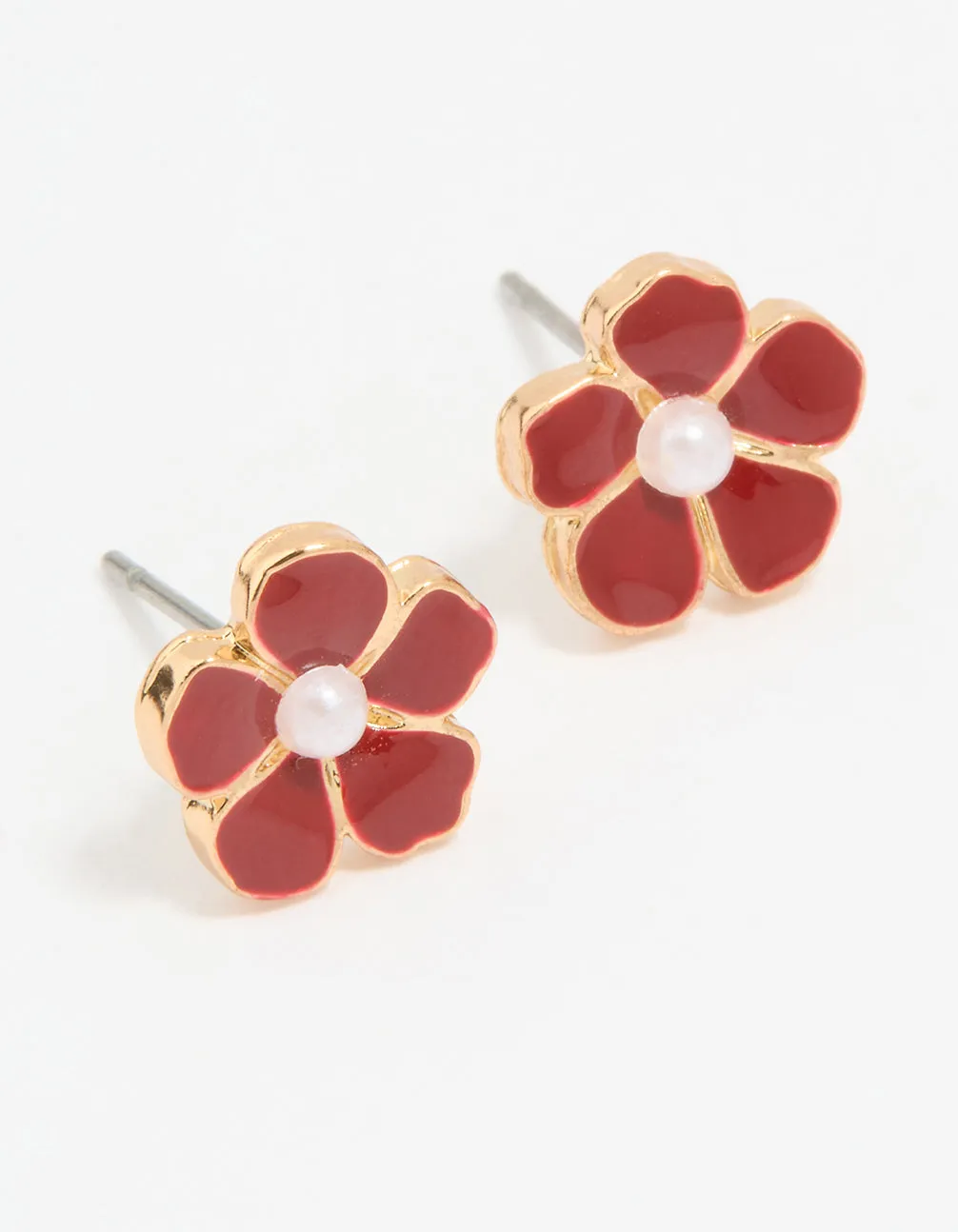 Gold Red Pearl Center Flower Stud Earrings sold by lovisa