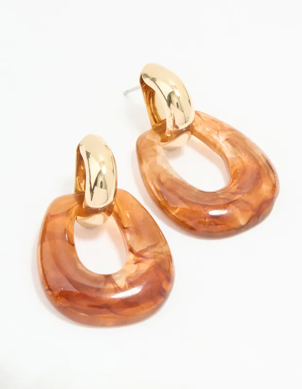 Gold Brown Acrylic Doorknocker Drop Earrings sold by lovisa