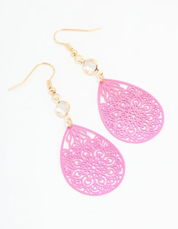 Gold Diamante Pink Filigree Drop Earrings sold by lovisa
