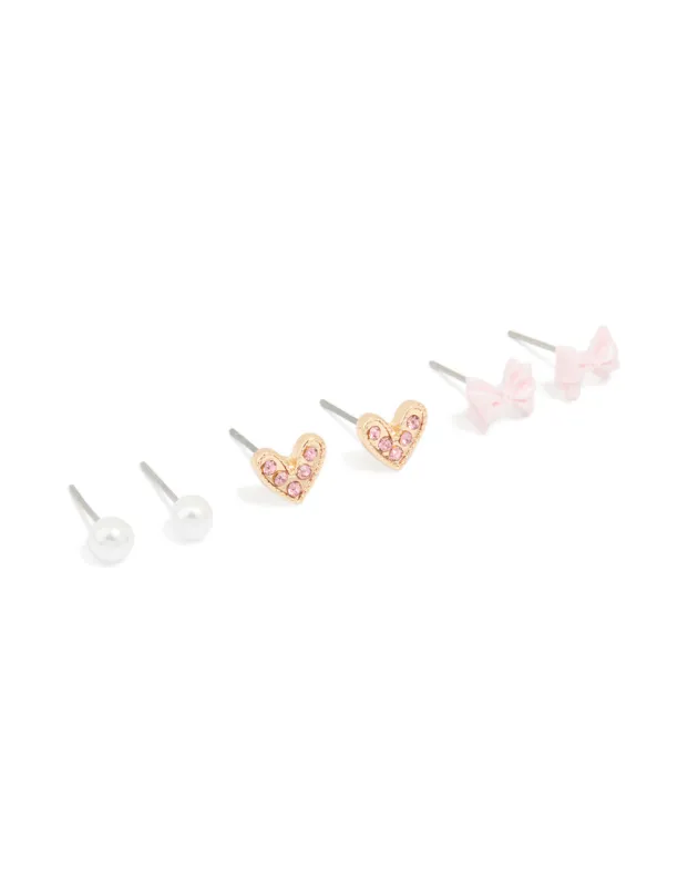 Gold Pearl Bow & Heart Earrings 3-Pack sold by lovisa