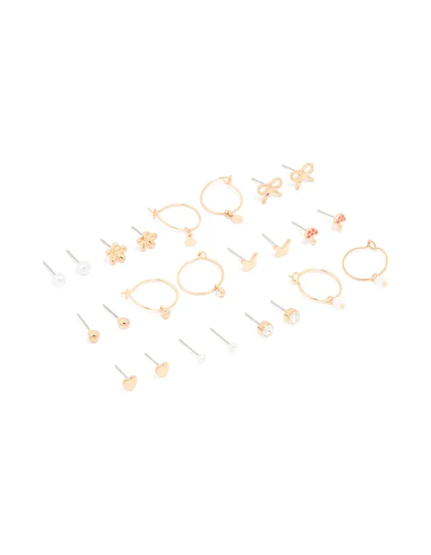 Gold Mushroom & Bow Stud Earrings 12-Pack sold by lovisa