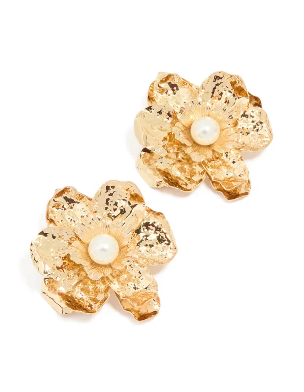 Gold Pearl Center Organic Flower Earrings sold by lovisa