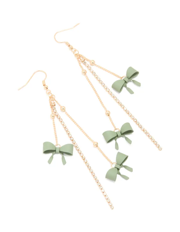 Gold Green Bow Drop Chain Earrings sold by lovisa