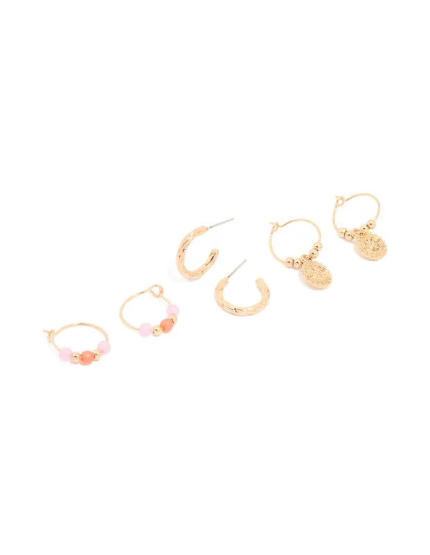 Gold Beaded Disc Hoop Earrings 3-Pack sold by lovisa