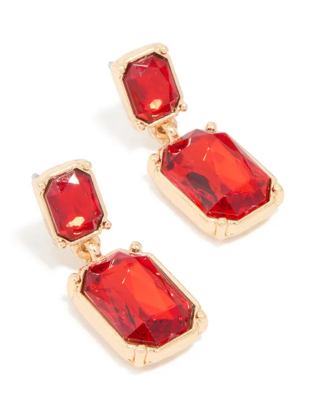 Gold Red Diamante Rectangle Drop Earrings sold by lovisa