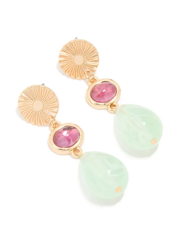 Gold Green & Pink Beaded Drop Earrings sold by lovisa