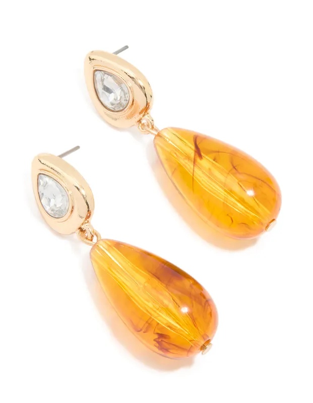 Gold Orange Beaded & Diamante Drop Earrings sold by lovisa