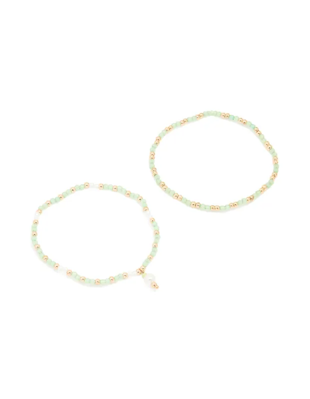 Gold Green Beaded Pearl Stretch Bracelets 2-Pack sold by lovisa
