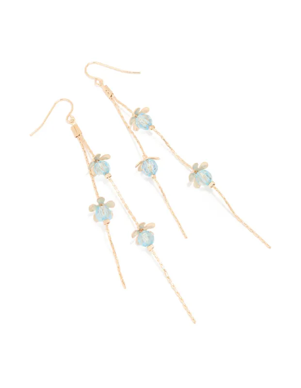 Gold Blue Beaded Flower Chain Drop Earrings sold by lovisa