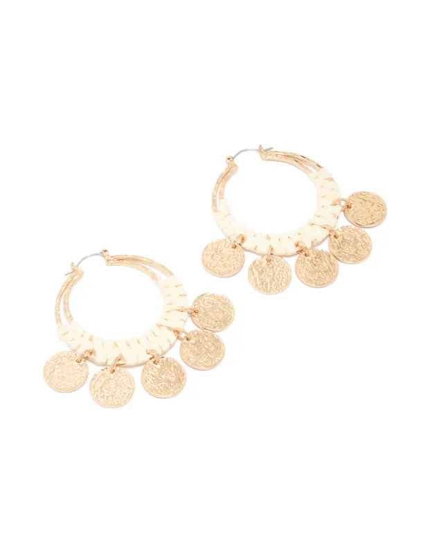 Gold Raffia Hammered Disc Hoop Earrings sold by lovisa