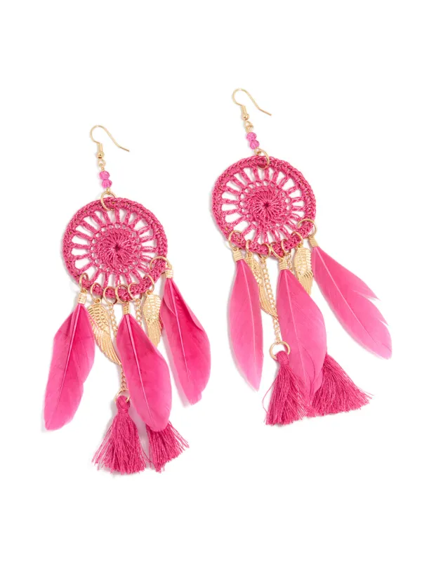 Gold Pink Feather Dreamcatcher Drop Earrings sold by lovisa