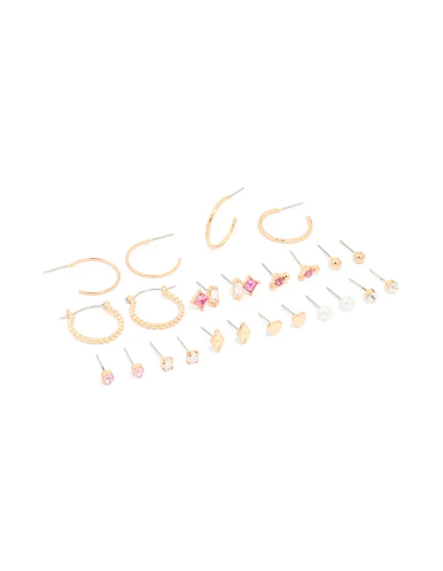 Gold Mixed Heart & Pearl Earrings 12-Pack sold by lovisa