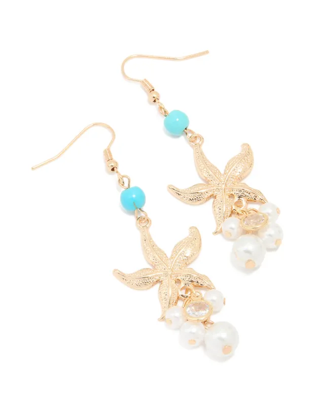 Gold Starfish Pearl Blue Diamante Earrings sold by lovisa