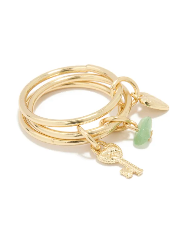 Gold Plated Green Semi Precious & Key Charm Rings 3-Pack sold by lovisa