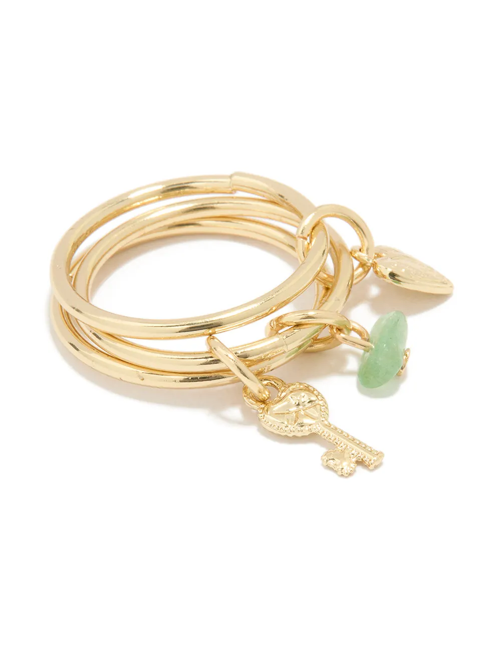 Gold Plated Green Semi Precious & Key Charm Rings 3-Pack sold by lovisa