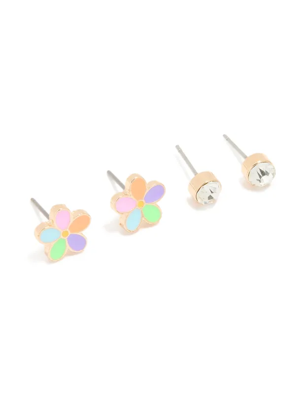 Gold Diamante & Multicoloured Flower Stud Earrings 2-Pack sold by lovisa