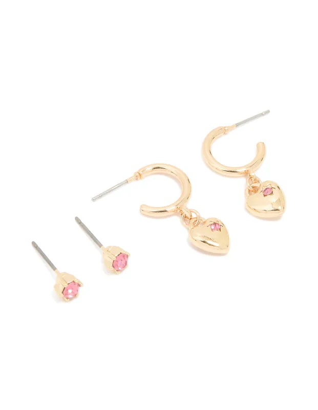 Gold Pink Diamante Heart Huggie & Stud Earrings 2-Pack sold by lovisa