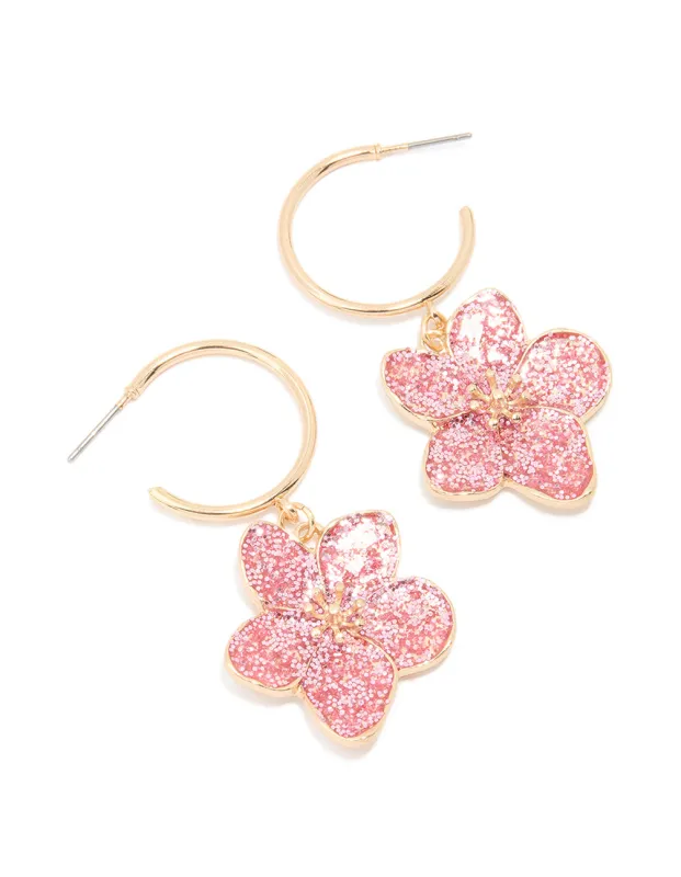 Gold Pink Glitter Flower Drop Hoop Earrings sold by lovisa