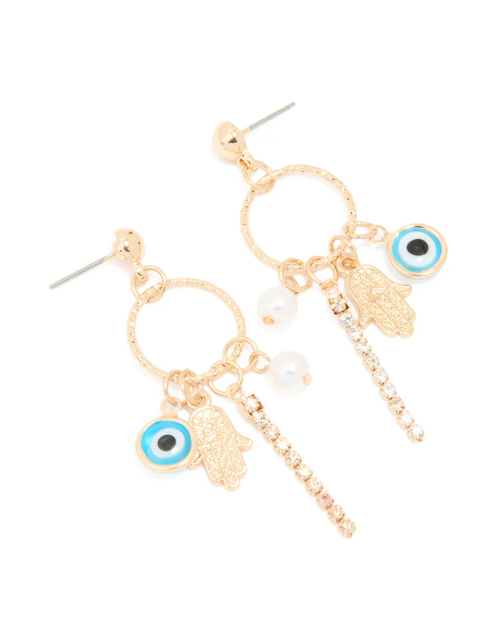 Gold Pearl Evil Eye Hamsa Hand Stud Earrings sold by lovisa