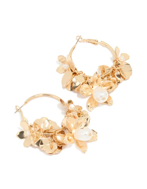Gold Pearl Flower Cluster Hoop Earrings sold by lovisa