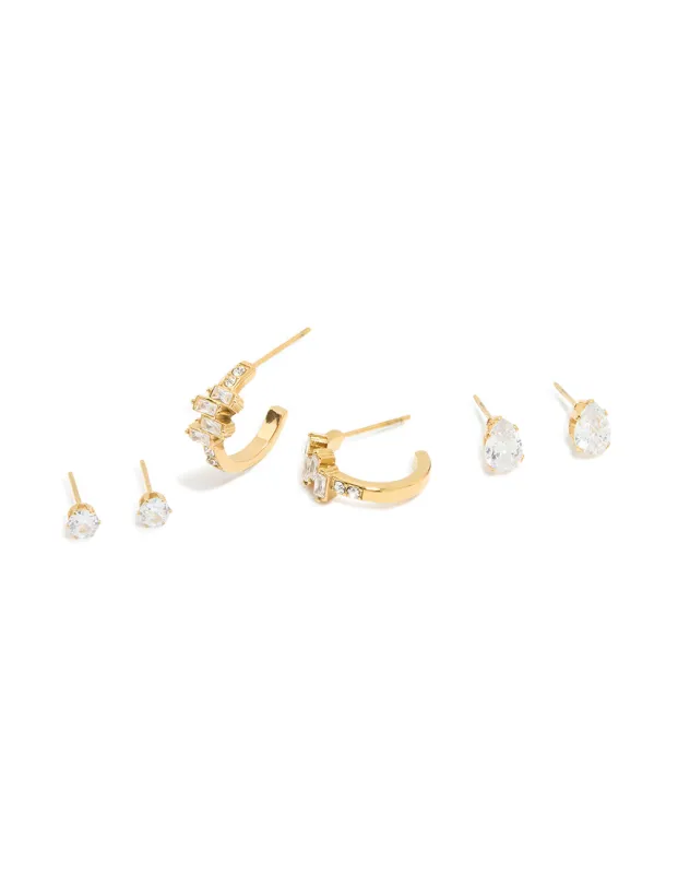 Waterproof Gold Plated Stainless Steel Cubic Zirconia Stacking Earrings 2-Pack sold by lovisa
