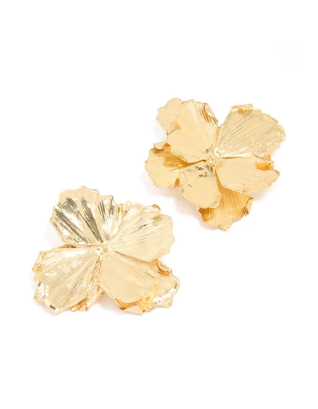 Gold Plated Large Organic Petal Flower Earrings sold by lovisa
