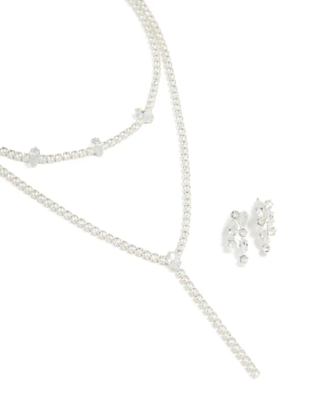 Silver Cubic Zirconia Y-Necklace & Drop Earrings Set sold by lovisa