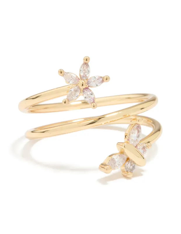 Gold Plated Cubic Zirconia Butterfly & Flower Ring sold by lovisa