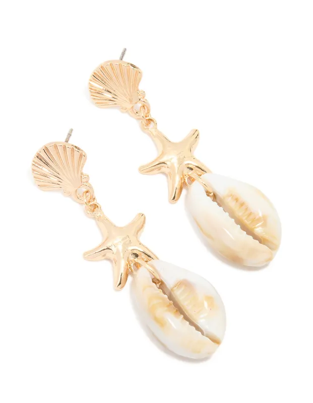 Gold Shell Star Drop Earrings sold by lovisa