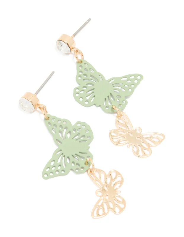 Gold Diamante & Green Coated Motel Butterfly Drop Earrings sold by lovisa
