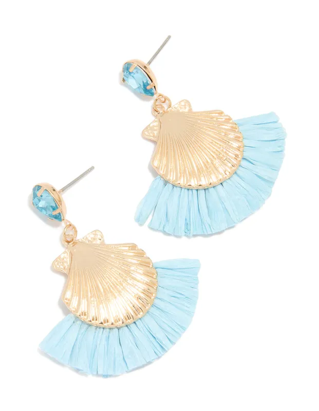 Gold Shell Blue Raffia Diamante Earrings sold by lovisa