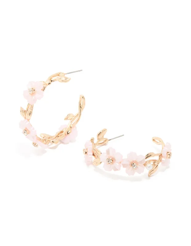 Gold Pink Acrylic Mini Flower Hoop Earrings sold by lovisa