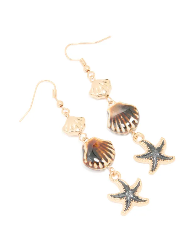 Gold Starfish & Shell Beaded Drop Earrings sold by lovisa