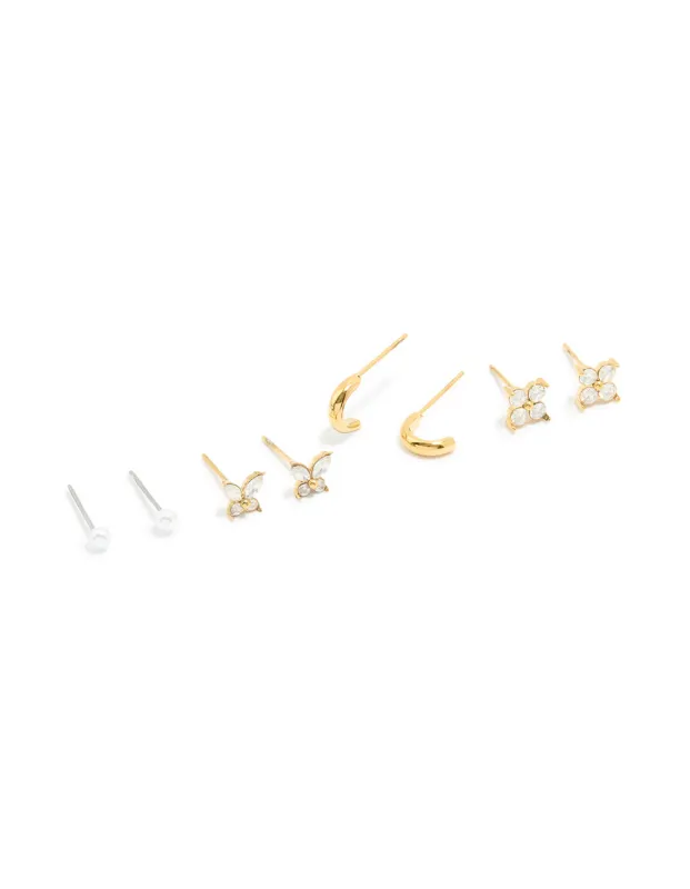 Waterproof Gold Plated Stainless Steel Cubic Zirconia Butterfly & Stud Earrings 4-Pack sold by lovisa