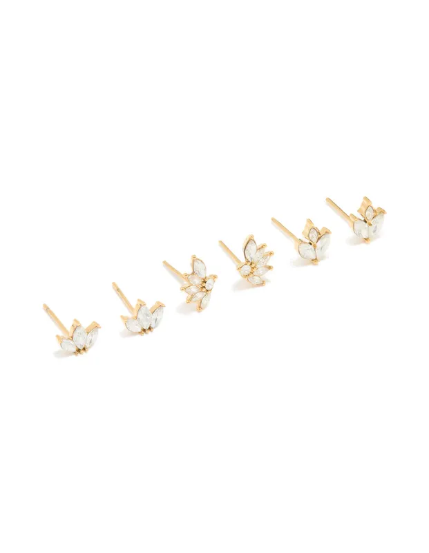 Waterproof Gold Plated Stainless Steel Cubic Zirconia Flower Stacker Earrings 3-Pack sold by lovisa