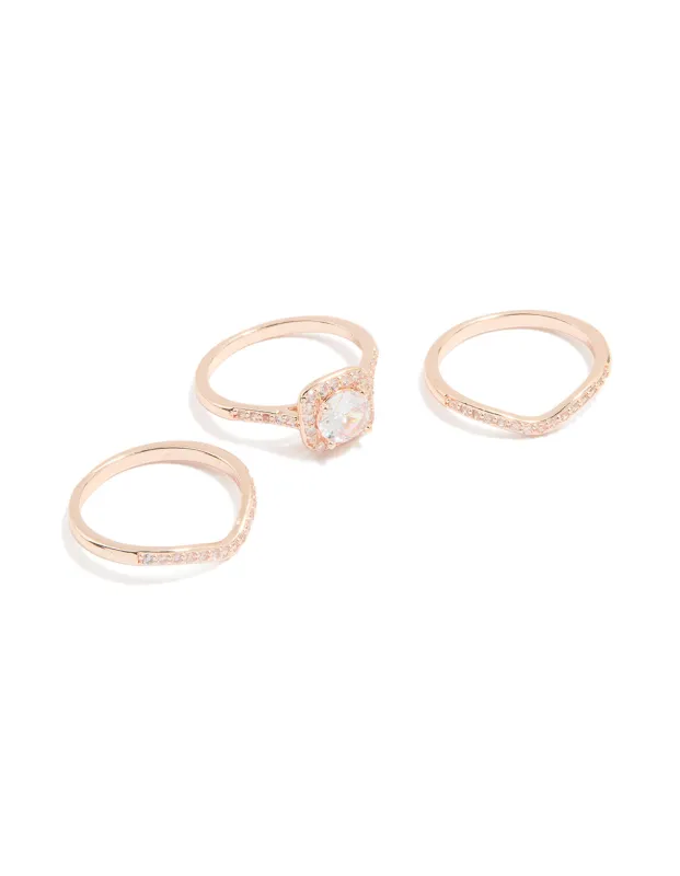 Rose Gold Cubic Zirconia & Pointed Rings 3-Pack sold by lovisa