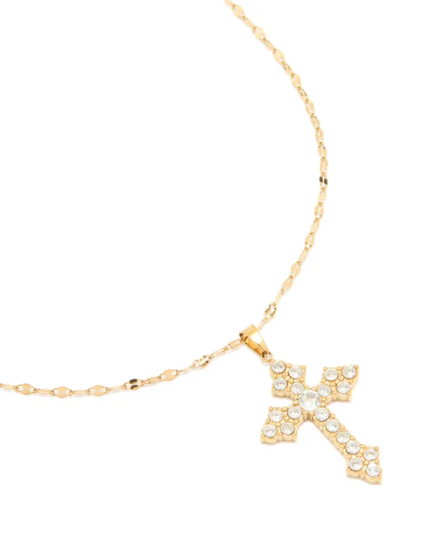 Waterproof Gold Plated Stainless Steel Cubic Zirconia Gothic Cross Fine Necklace sold by lovisa