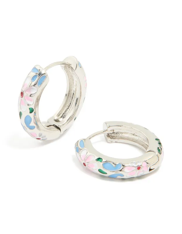 Silver Blue & Pink Enamel Flower Design Hoop Earrings sold by lovisa