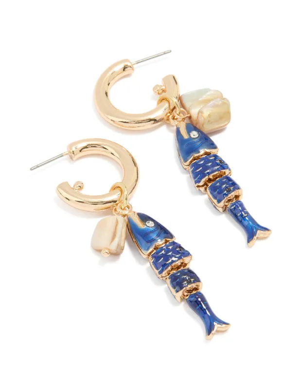 Gold Blue Fish Charm Hoop Earrings sold by lovisa