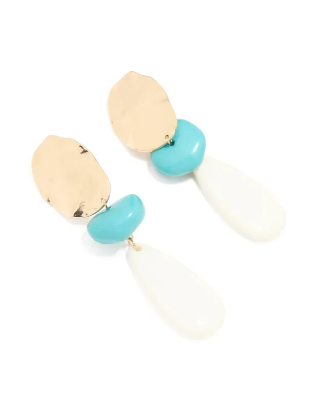 Gold White & Blue Stone Organic Large Drop Earrings sold by lovisa