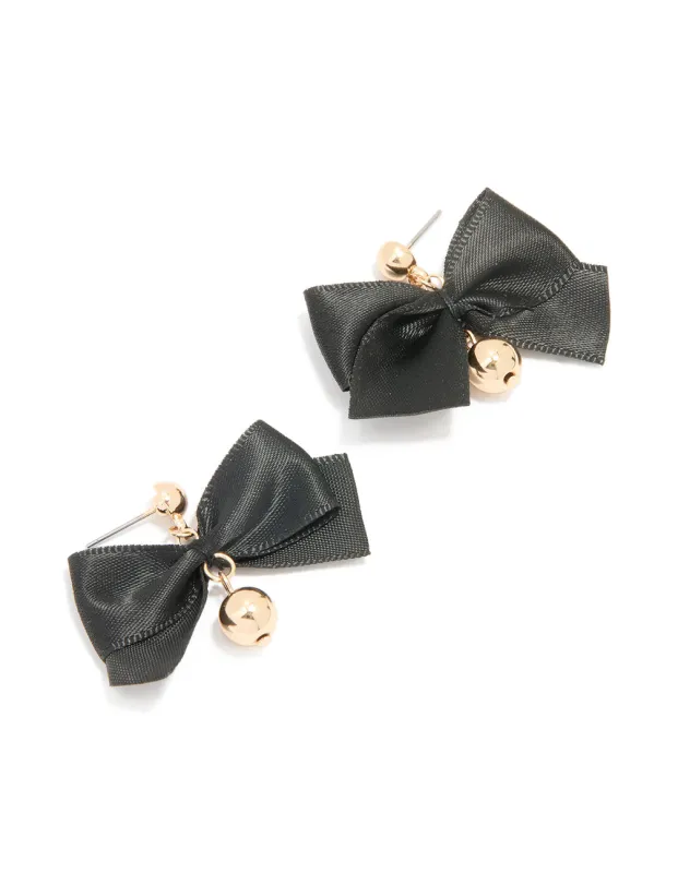 Gold Black Fabric Bow Ball Drop Earrings sold by lovisa