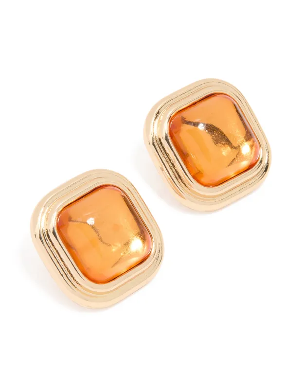 Gold Orange Diamante Square Stud Earrings sold by lovisa