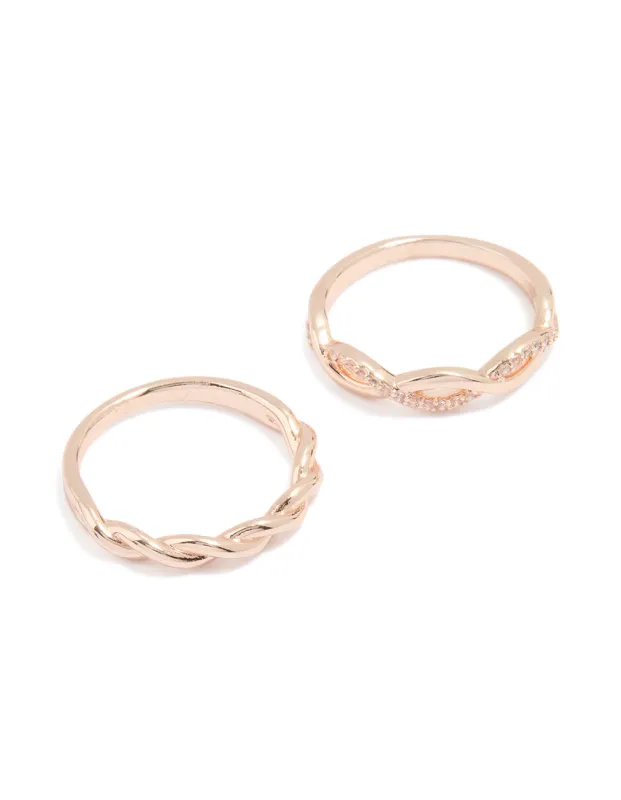 Rose Gold Cubic Zirconia Woven Stacking Rings 2-Pack sold by lovisa