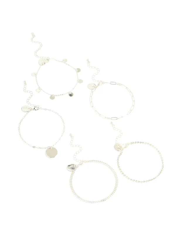 Silver Diamante & Flat Disc Bracelets 5-Pack sold by lovisa
