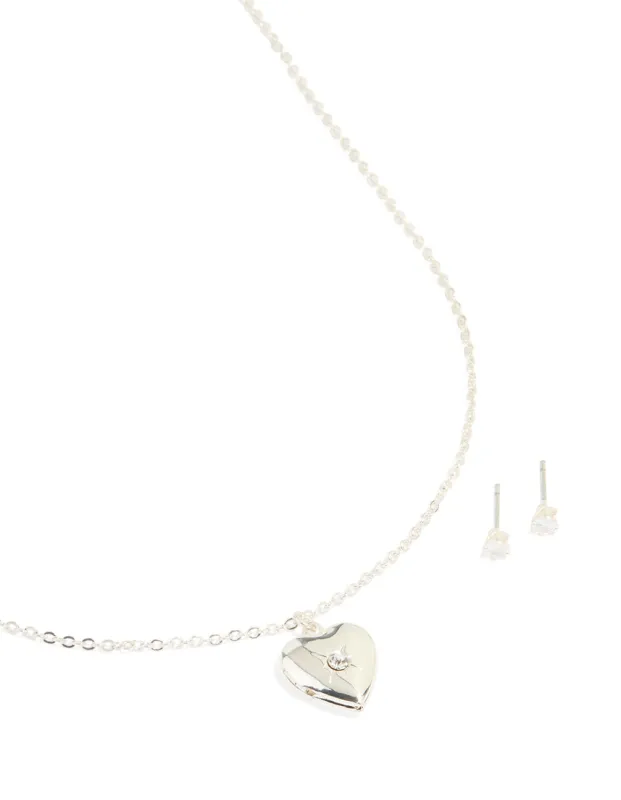 Silver Plated Cubic Zirconia Centre Heart Pendant Necklace & Earrings Set sold by lovisa