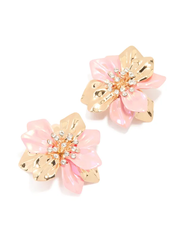 Gold Pink Coated Metal Diamante Flower Earrings sold by lovisa