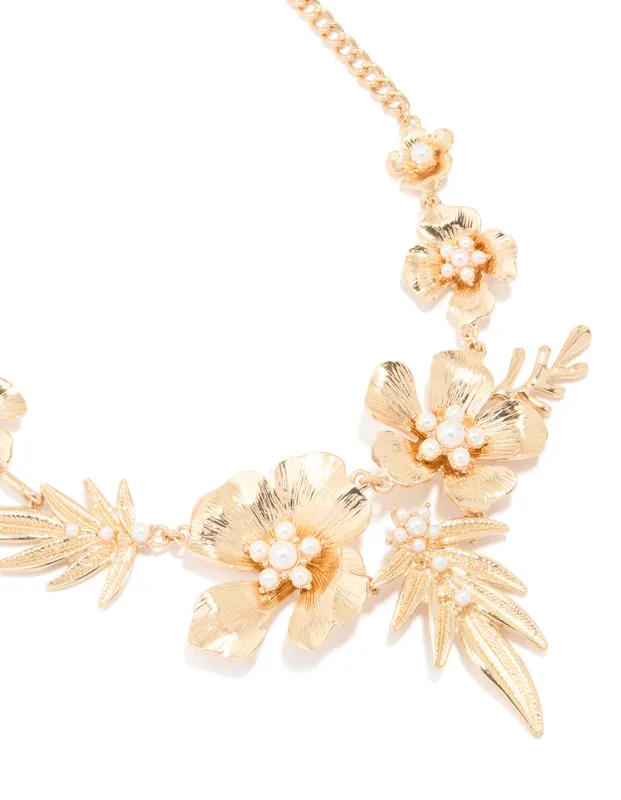 Gold Flower & Leaf Statement Necklace sold by lovisa